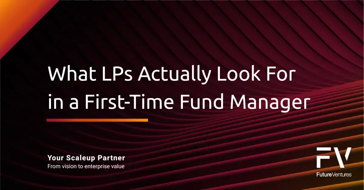 Title slide reading “What LPs Actually Look For in a First-Time Fund Manager” on dark red abstract background.