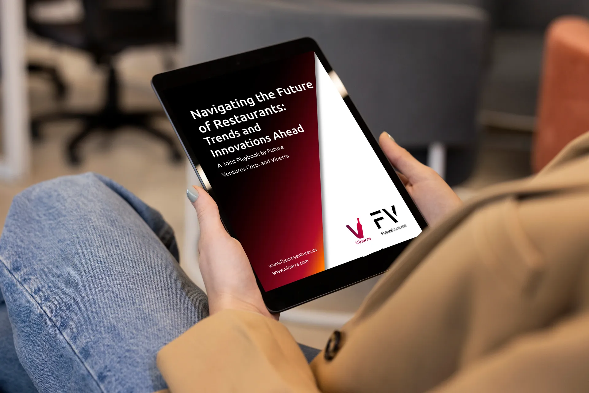 Person holding a tablet displaying a report titled 