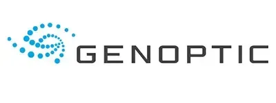Genoptics logo with blue dotted swirl and black wordmark.