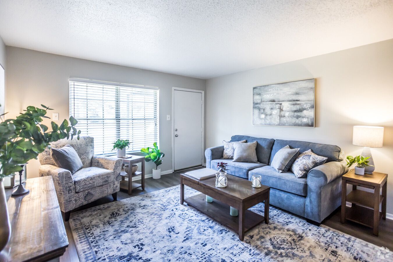 Photo of the living room showing the front door and a large window