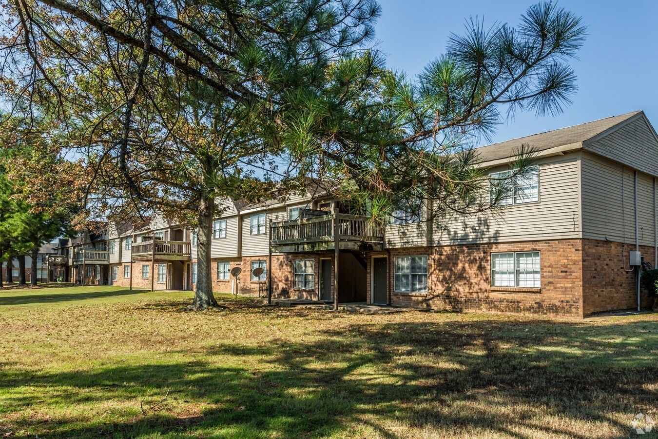 Photo of a building with a large tree out front and a large grassy area