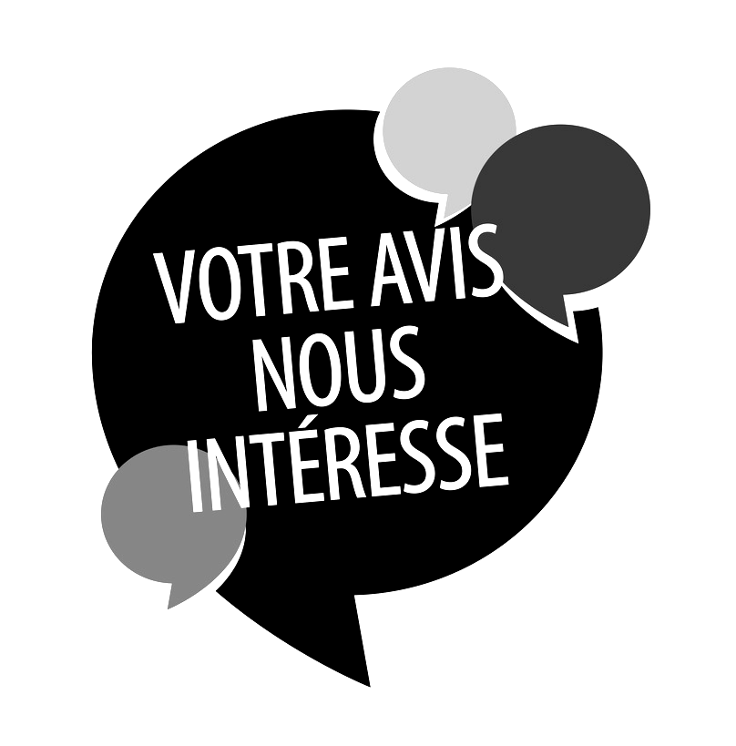 Une bulle de dialogue en noir et blanc avec les mots « votre avis nous intéresse » écrits à l'intérieur.