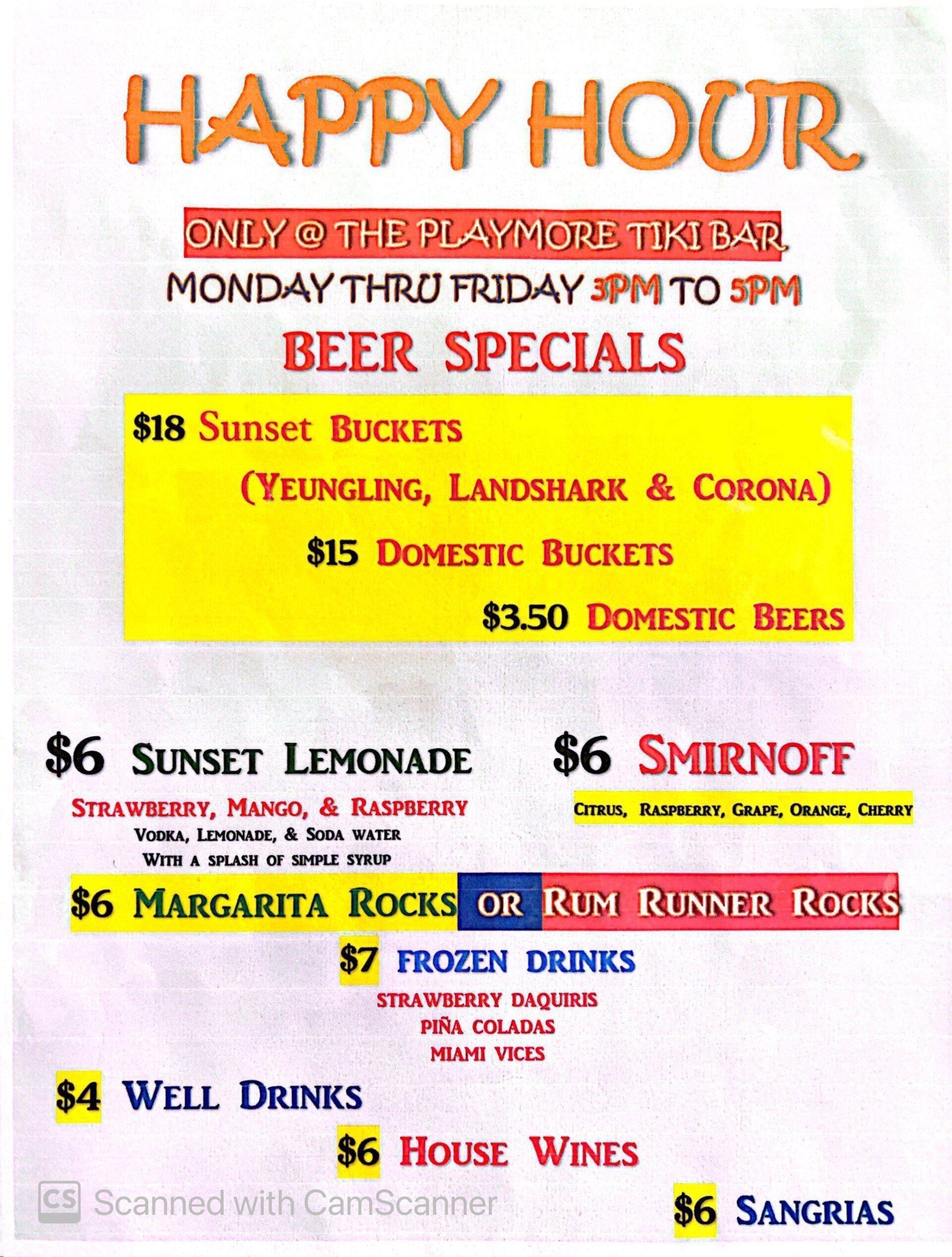 Happy Hour drink specials flyer: Beer, frozen drinks, wine, and well drinks; 3pm-5pm Monday-Friday.