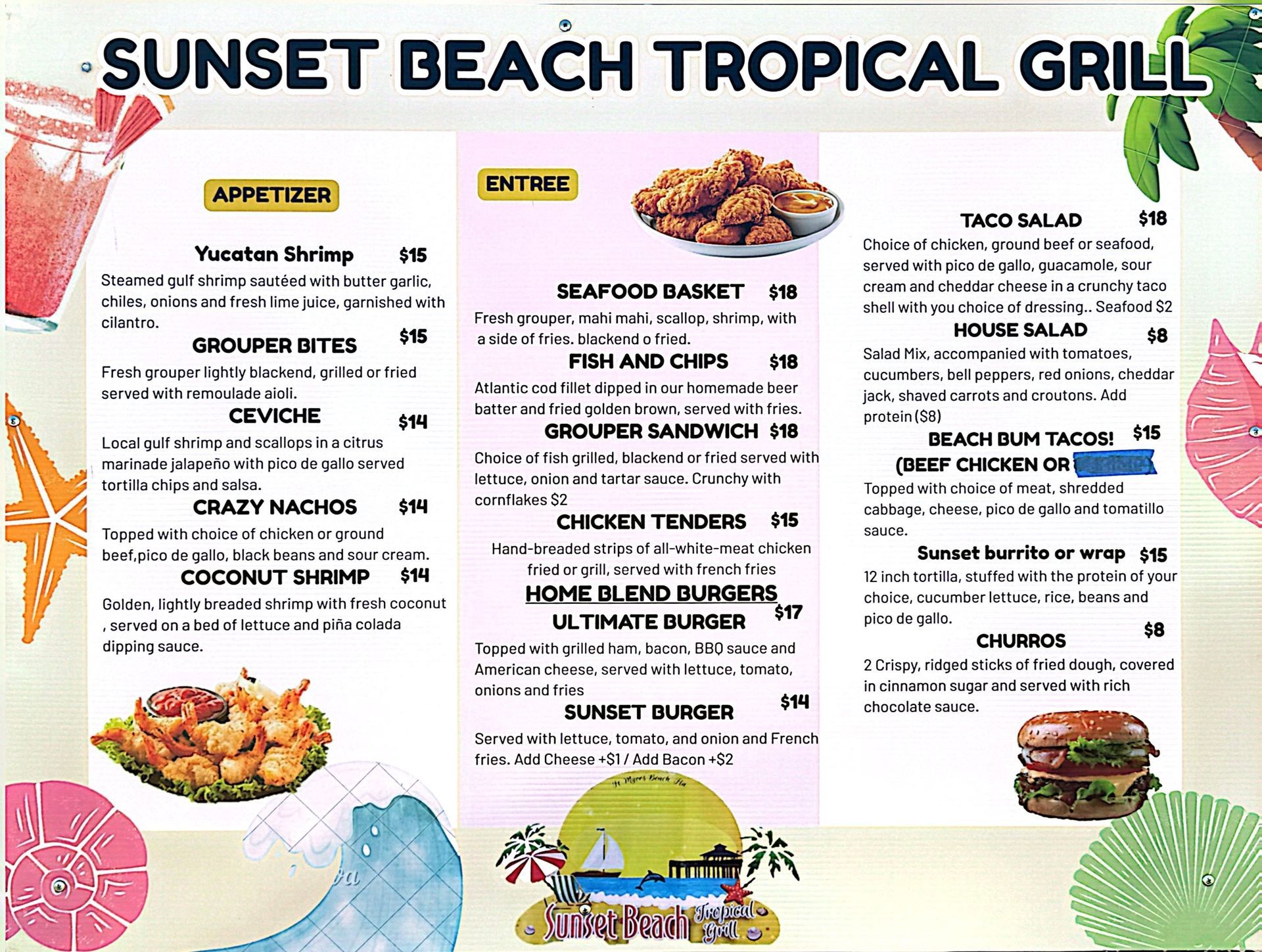 Menu for Sunset Beach Tropical Grill featuring appetizers, entrees, and beverages.