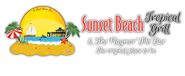 Logo for Sunset Beach Tropical Grill featuring a beach scene with a sunset, sailboat, and pier.