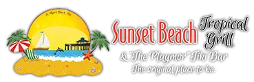 Logo of Sunset Beach Tropical Grill & The Playhouse Tiki Bar, featuring beach scene.