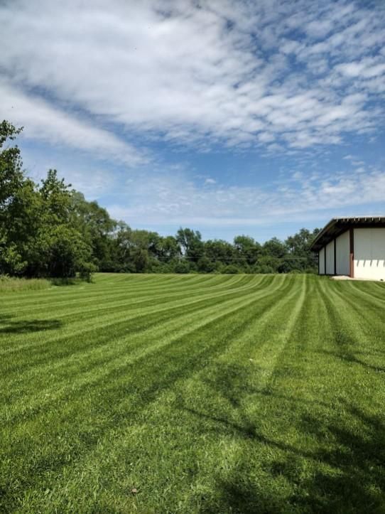 A large lush green field with a white building in the background.