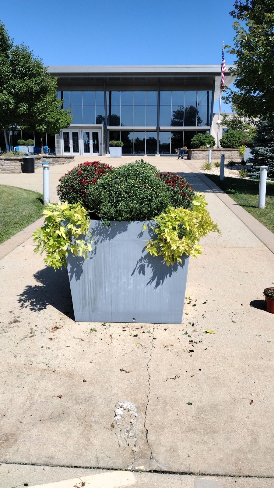 A large planter with flowers in front of a building
