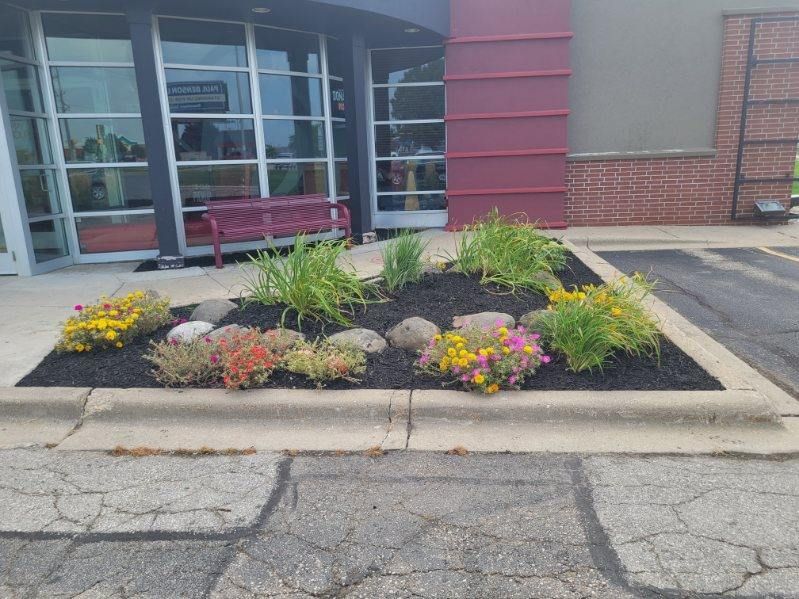 A garden with flowers and rocks in front of a building.