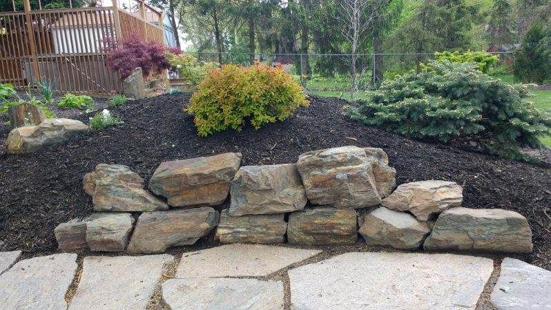 A stone wall is surrounded by mulch and trees in a garden.