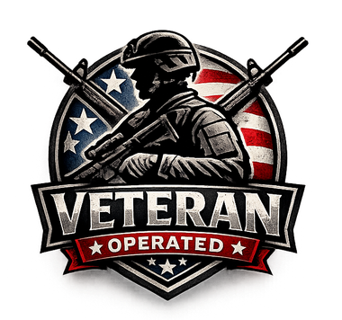 A Veteran Operated emblem featuring a soldier in silhouette, crossed rifles, and an American flag motif on a shield.