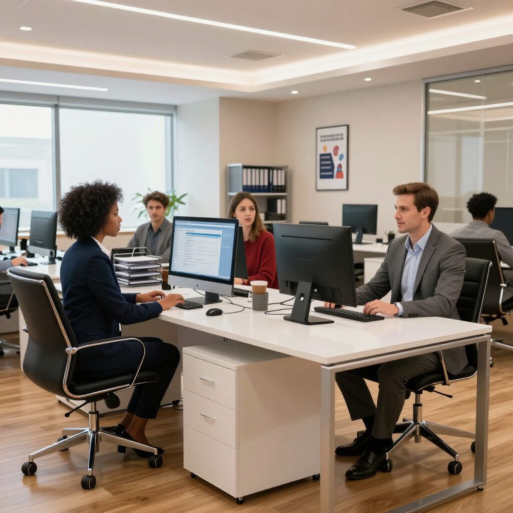 Office with several people at desks, working on computers. White desks, wood floors, neutral tones.