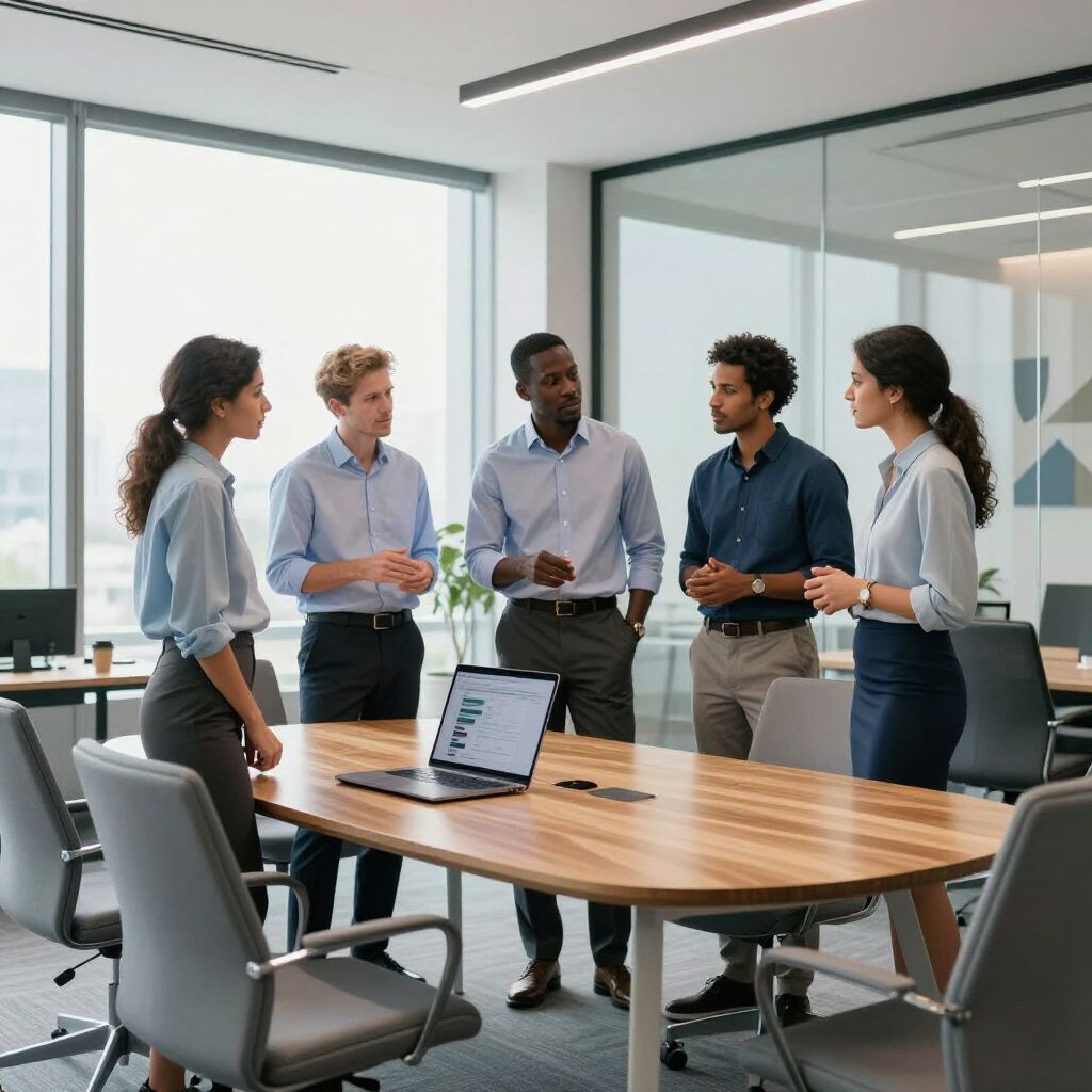 Group of people in an office meeting around a table, discussing a laptop screen, near a window.
