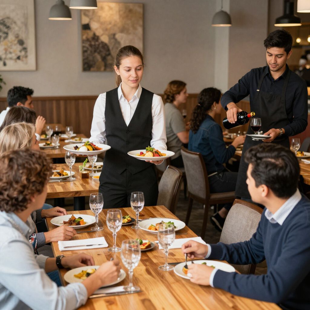 Restaurant scene: Servers carrying food and pouring wine for seated diners at wooden tables.