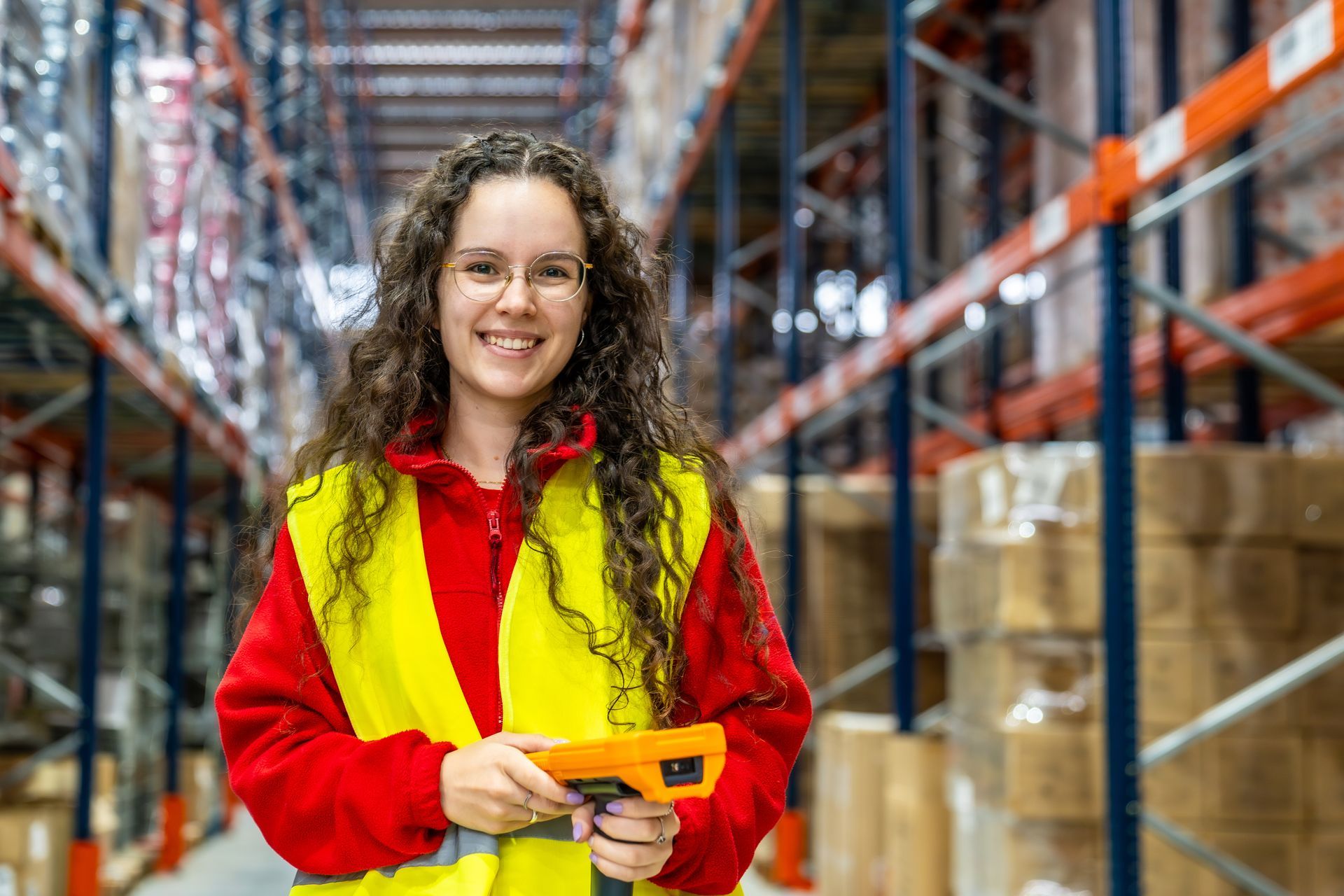 A person wearing a high-visibility vest stands in a warehouse aisle holding a handheld scanner and smiling.