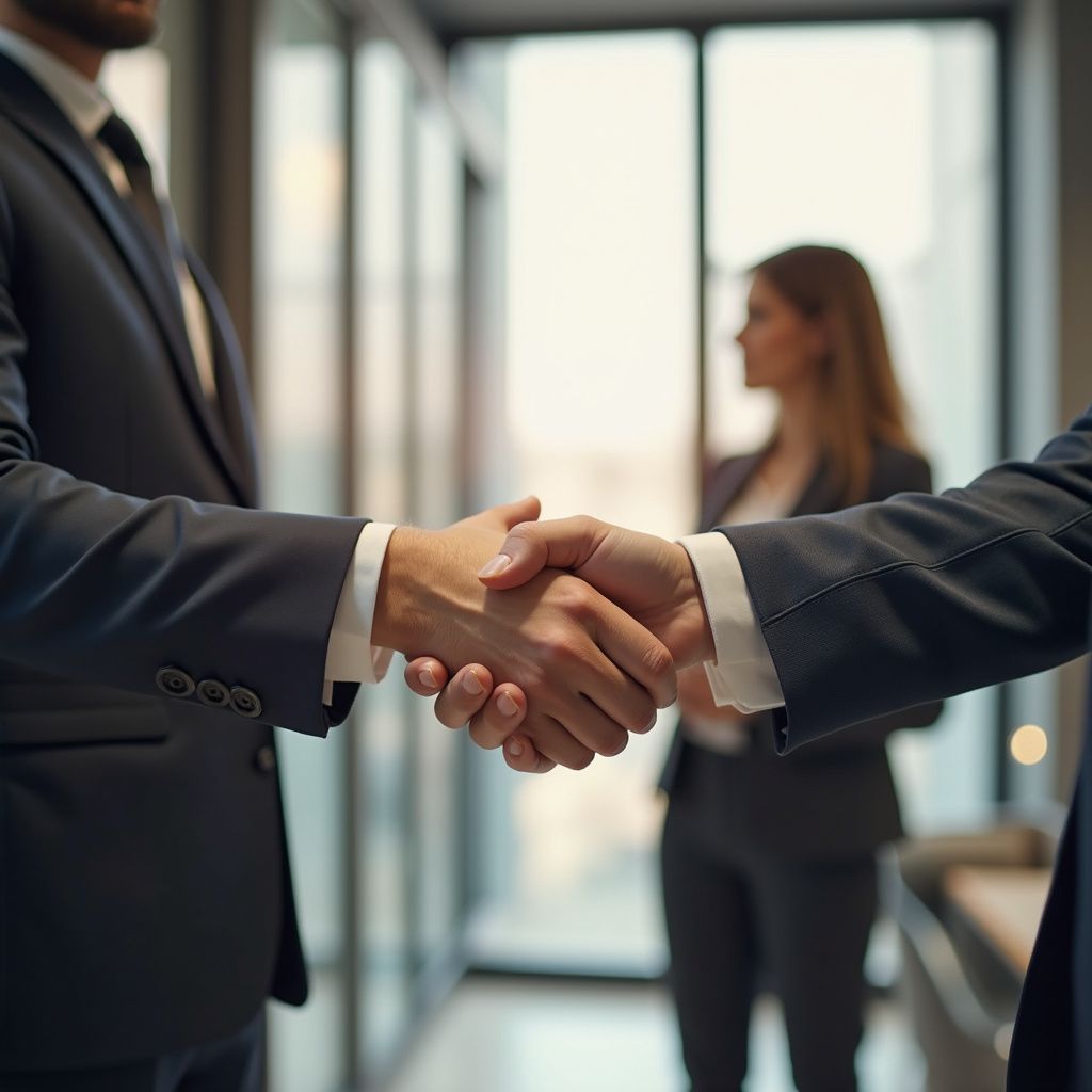 Two people in suits shaking hands, a woman in the background, likely a business agreement.