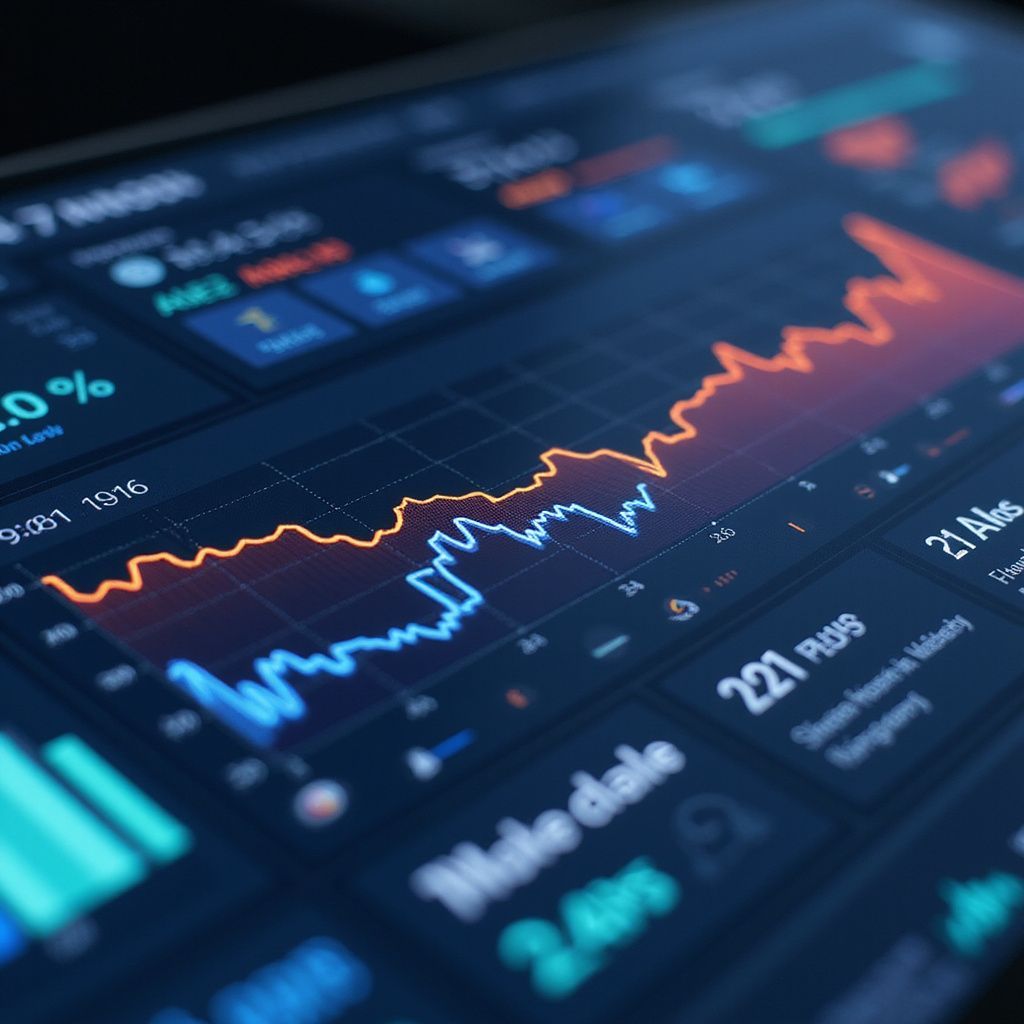 Stock market graphs on a digital display, with upward and downward trending lines in orange and blue.