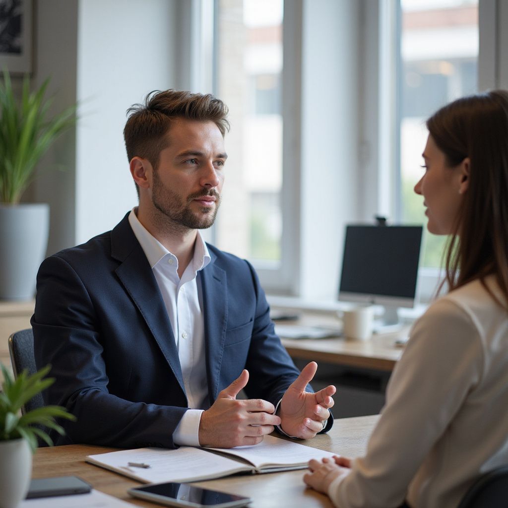 Man in suit gestures as he speaks to a woman at a desk in an office setting.