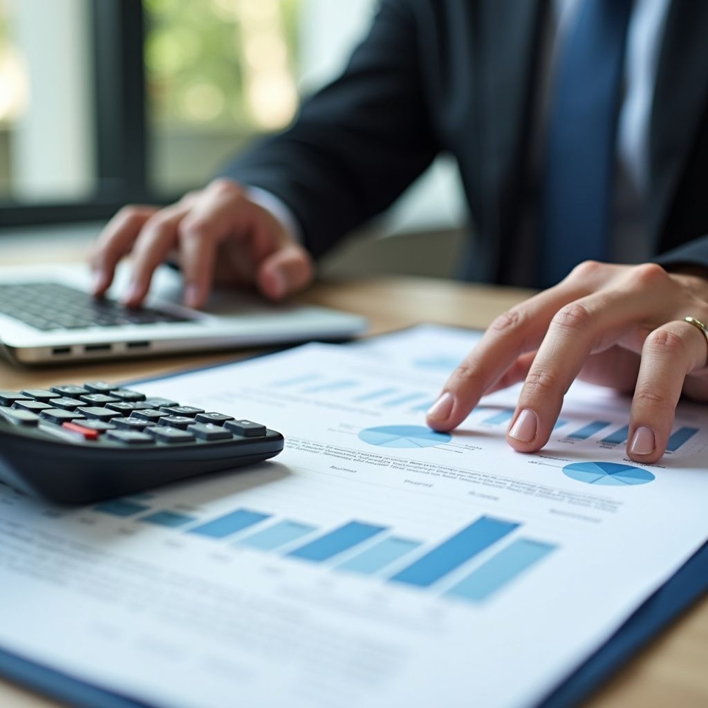 Person in suit analyzing financial charts with a laptop and calculator.