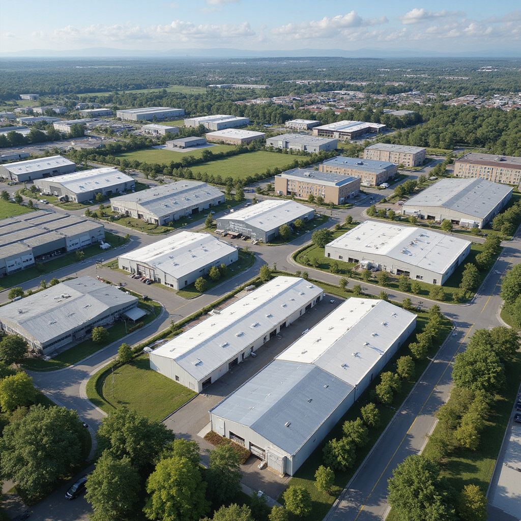 Aerial view of an industrial park with many gray-roofed buildings surrounded by trees and green spaces.
