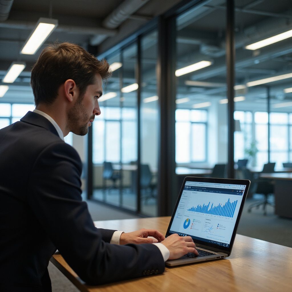 Man in suit working on laptop, displaying financial data, in office.