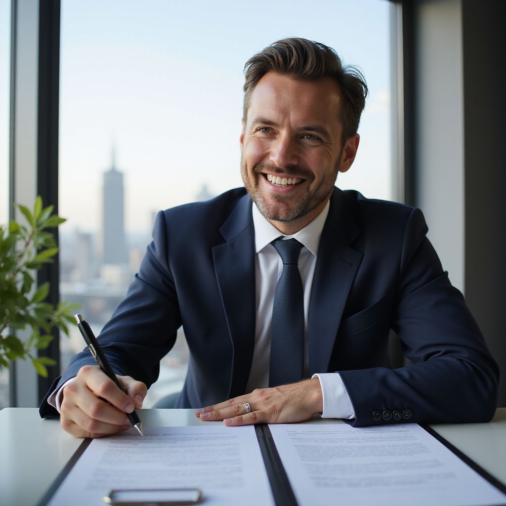 Man in a suit smiles while signing a document at a desk with a city backdrop.
