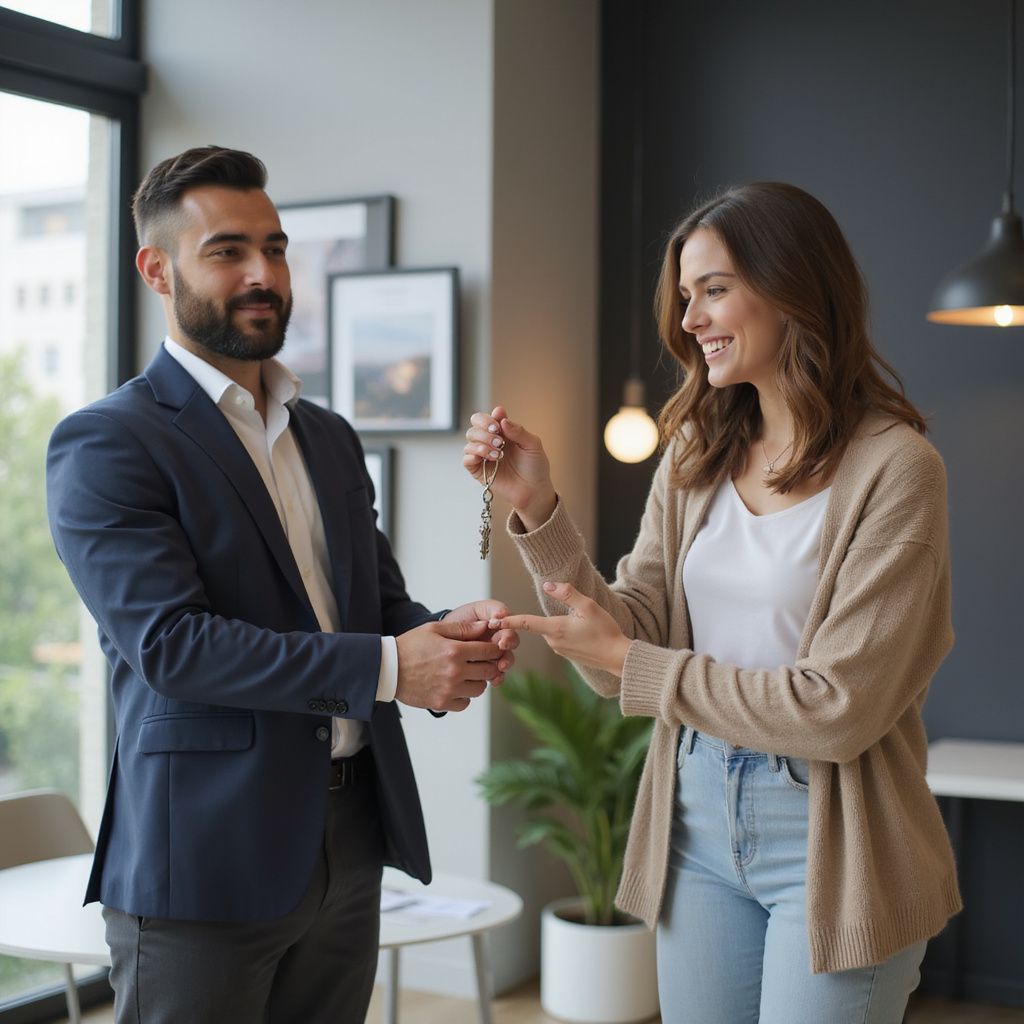 A man in a suit hands keys to a smiling woman in a home interior.