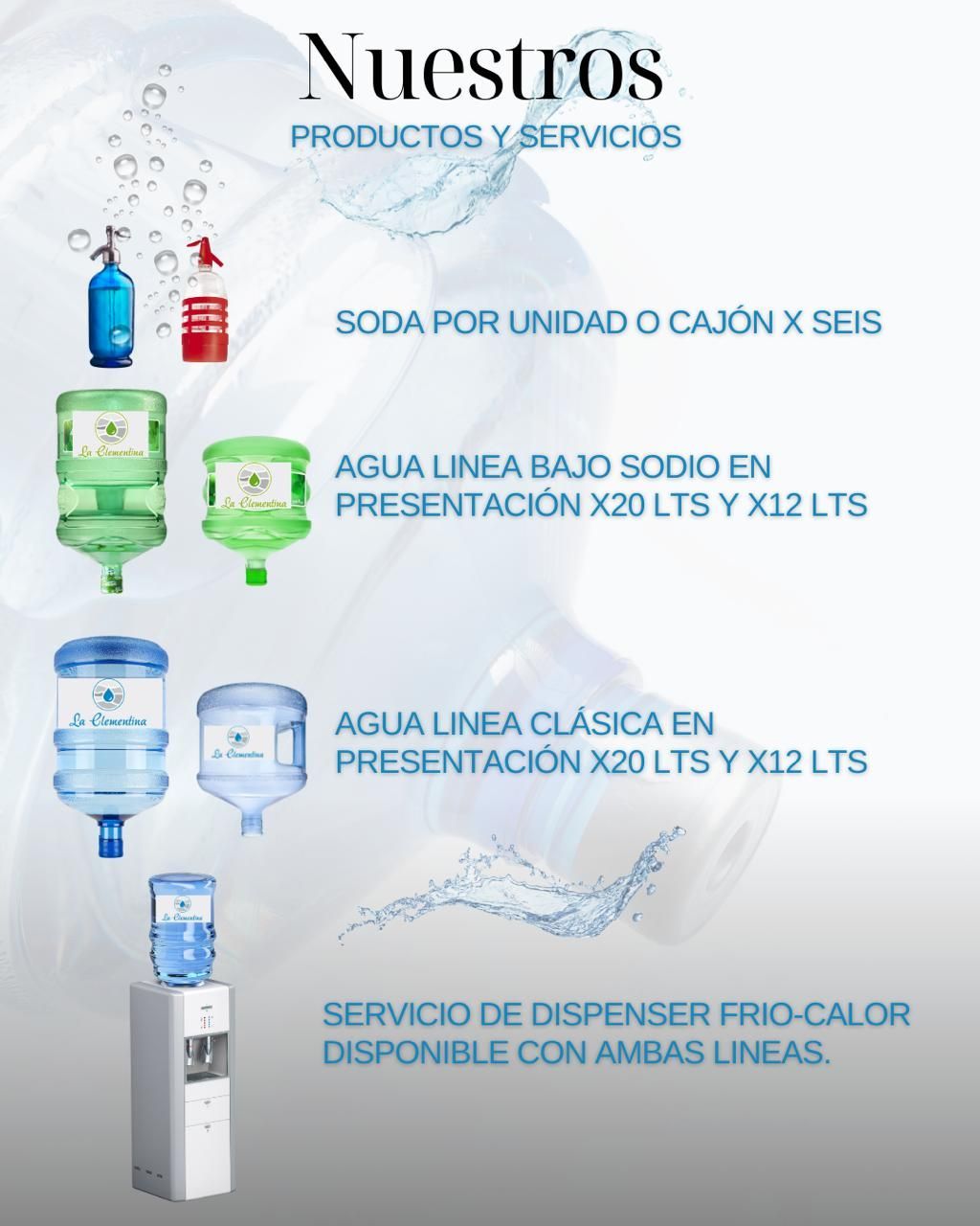 Gráfico promocional para agua y refrescos. Incluye botellas y dispensadores, con texto en español.