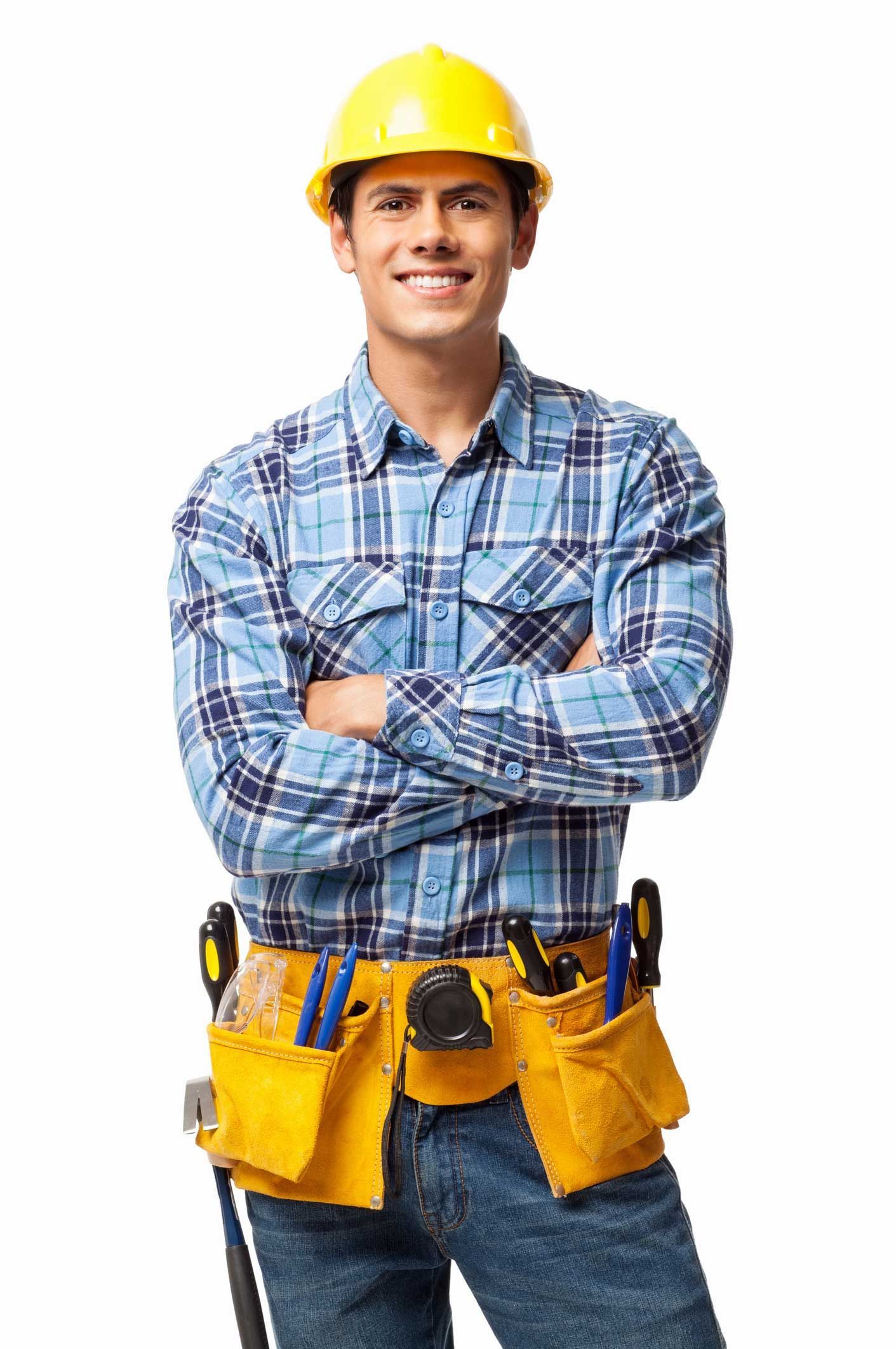 Construction worker in yellow hard hat, arms crossed, wearing blue plaid shirt and tool belt, smiling.