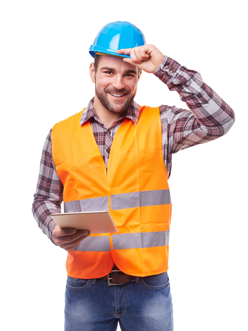 Construction worker in orange vest and blue hard hat holding tablet, smiling.