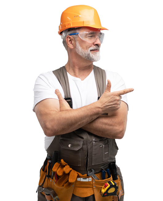 Construction worker in orange hard hat, safety glasses, pointing to the right.