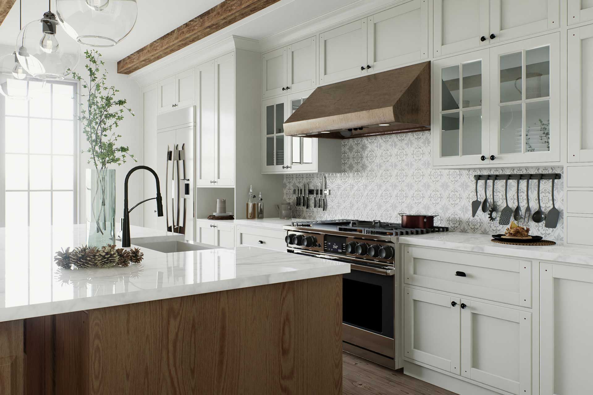 Elegant white kitchen with wood accents, island, and range hood.