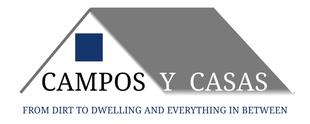 Campos y Casas real estate logo with gray roof, blue window, and tagline “From dirt to dwelling and everything in between”