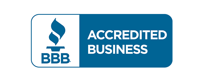 BBB Accredited Business logo, a white emblem with a blue flame over a