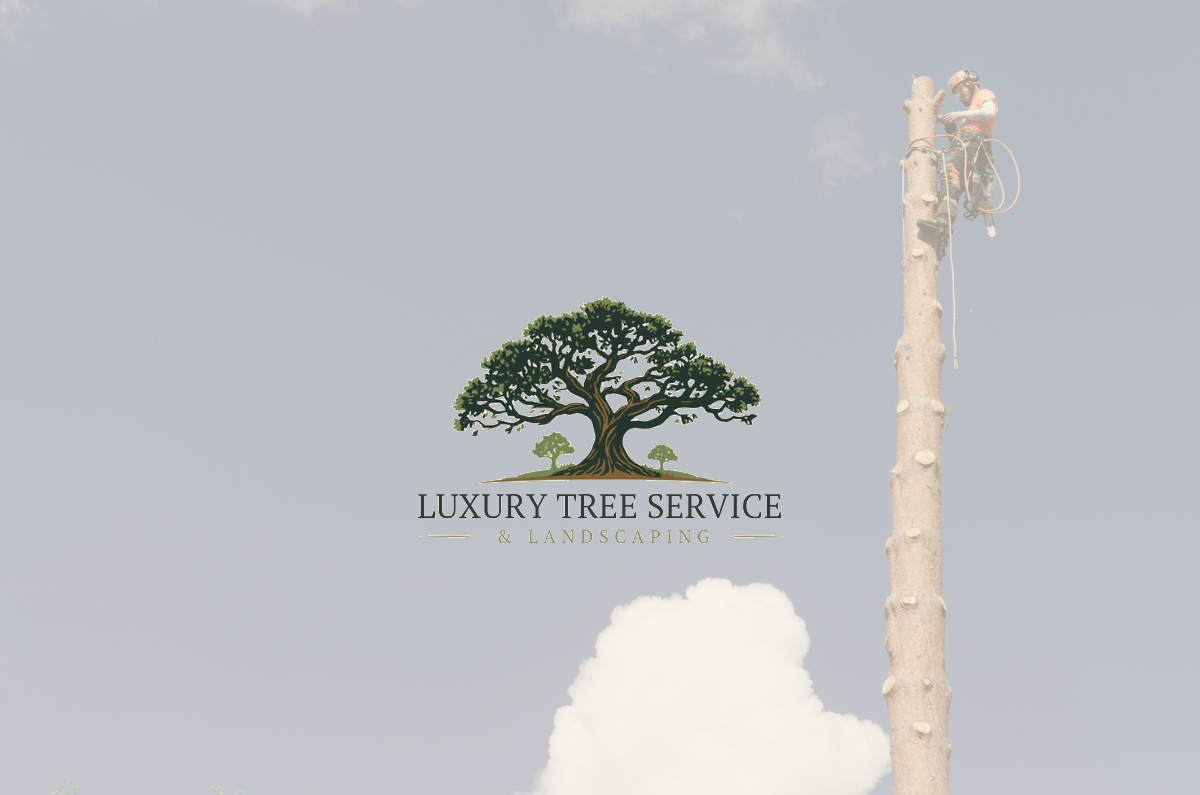 Tree worker on a tall, bare trunk of a tree; Luxury Tree Service logo in sky.