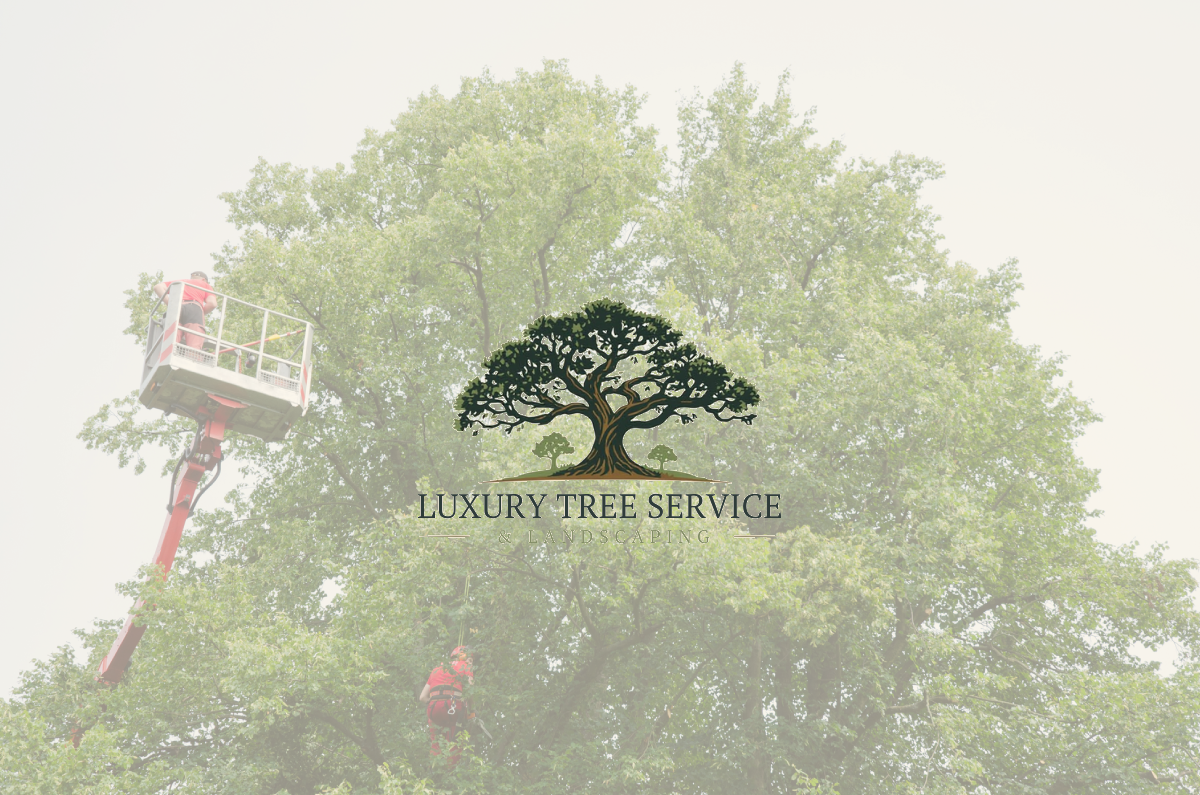 Tree service logo overlaid on workers in a tree. Logo shows oak tree, text