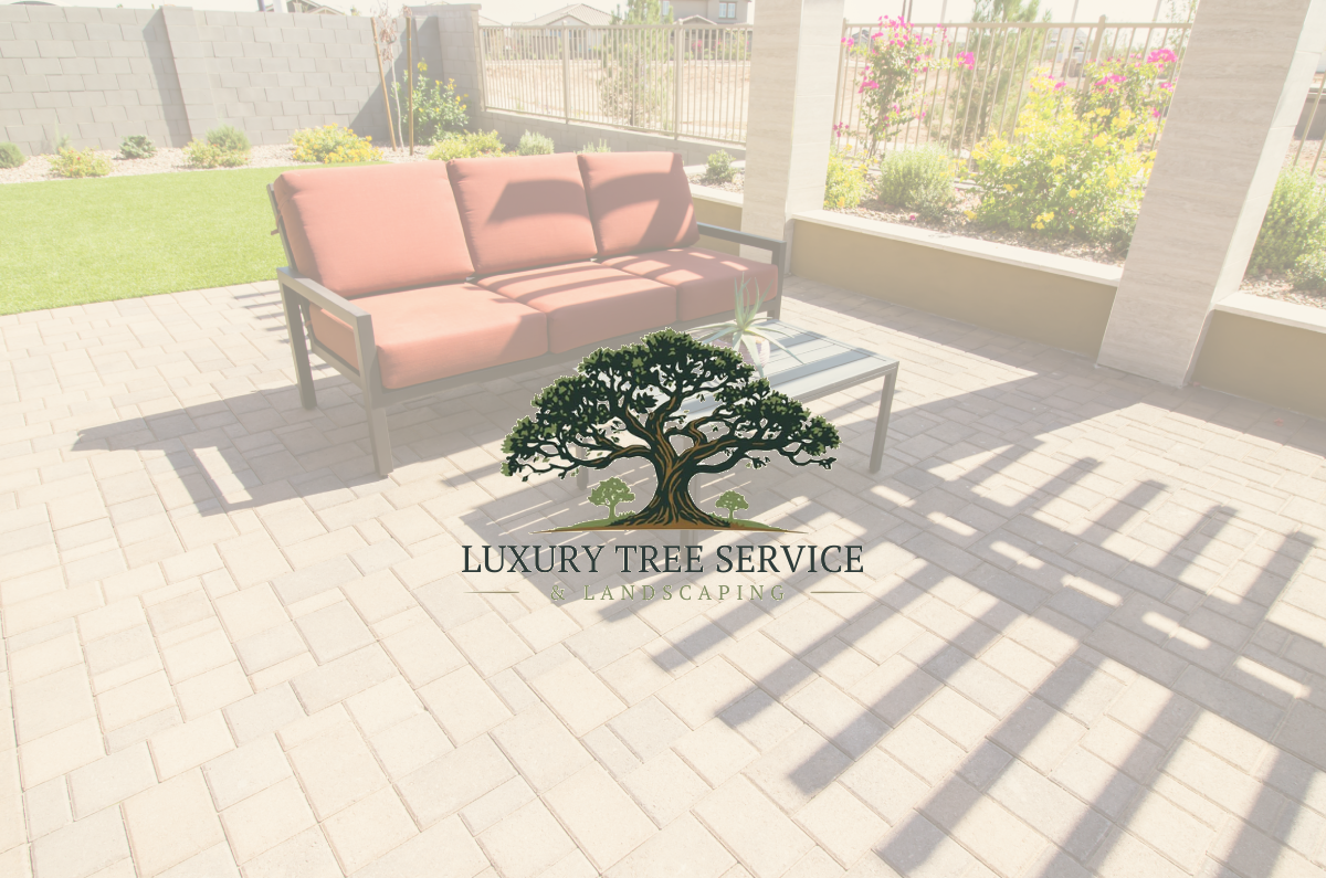 Outdoor patio with sofa, table, and pergola. Luxury tree service logo overlayed on foreground.