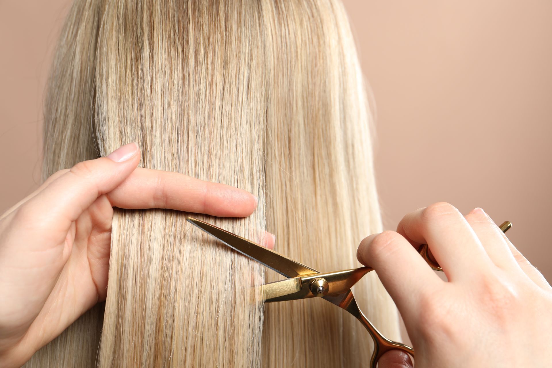 Hands cutting blonde hair with gold scissors.