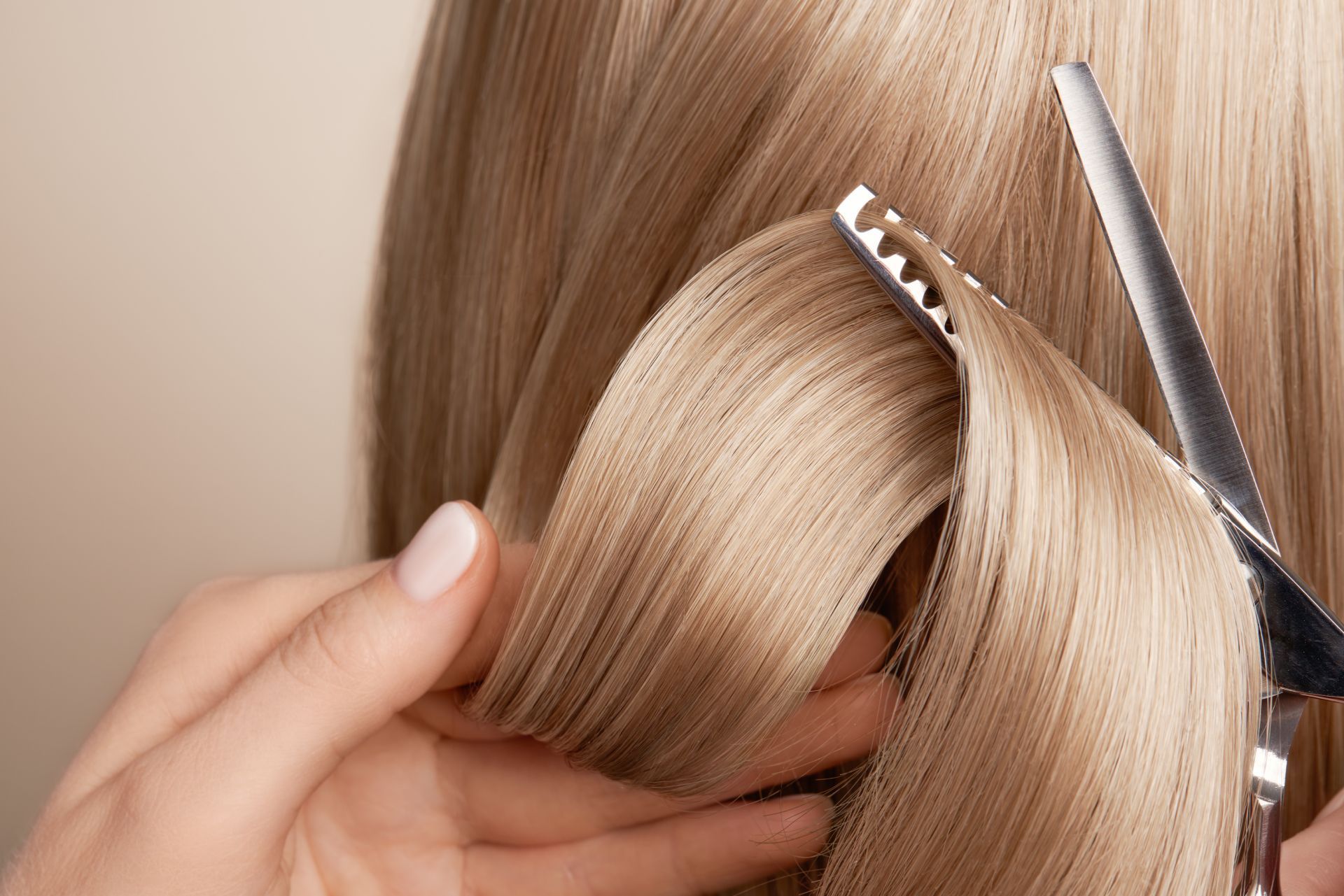 Blonde hair being cut with scissors, held by a person's hand.