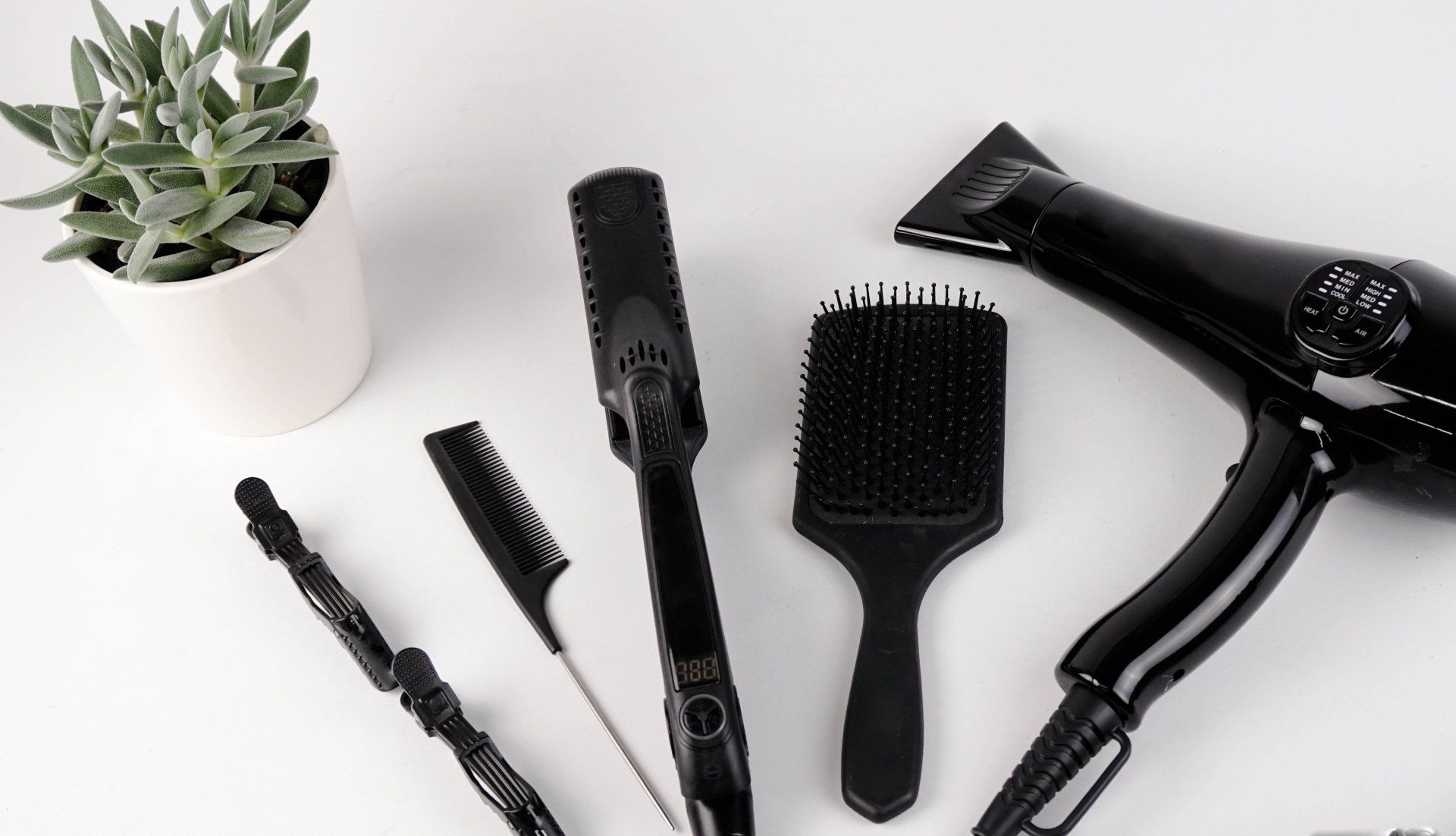 A hair dryer , brushes , and combs are on a table next to a potted plant.