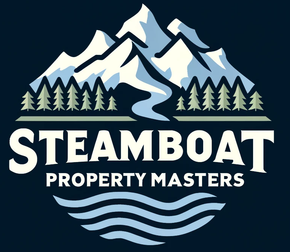 A logo for steamboat property masters with mountains and trees