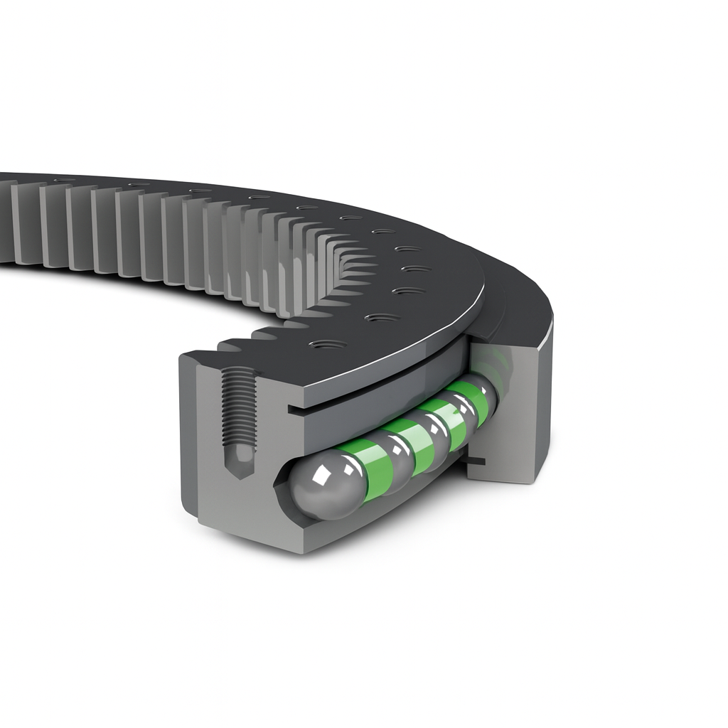 Vista in sezione trasversale di un cuscinetto ad anello dentato con sfere e una fila di distanziali verdi.