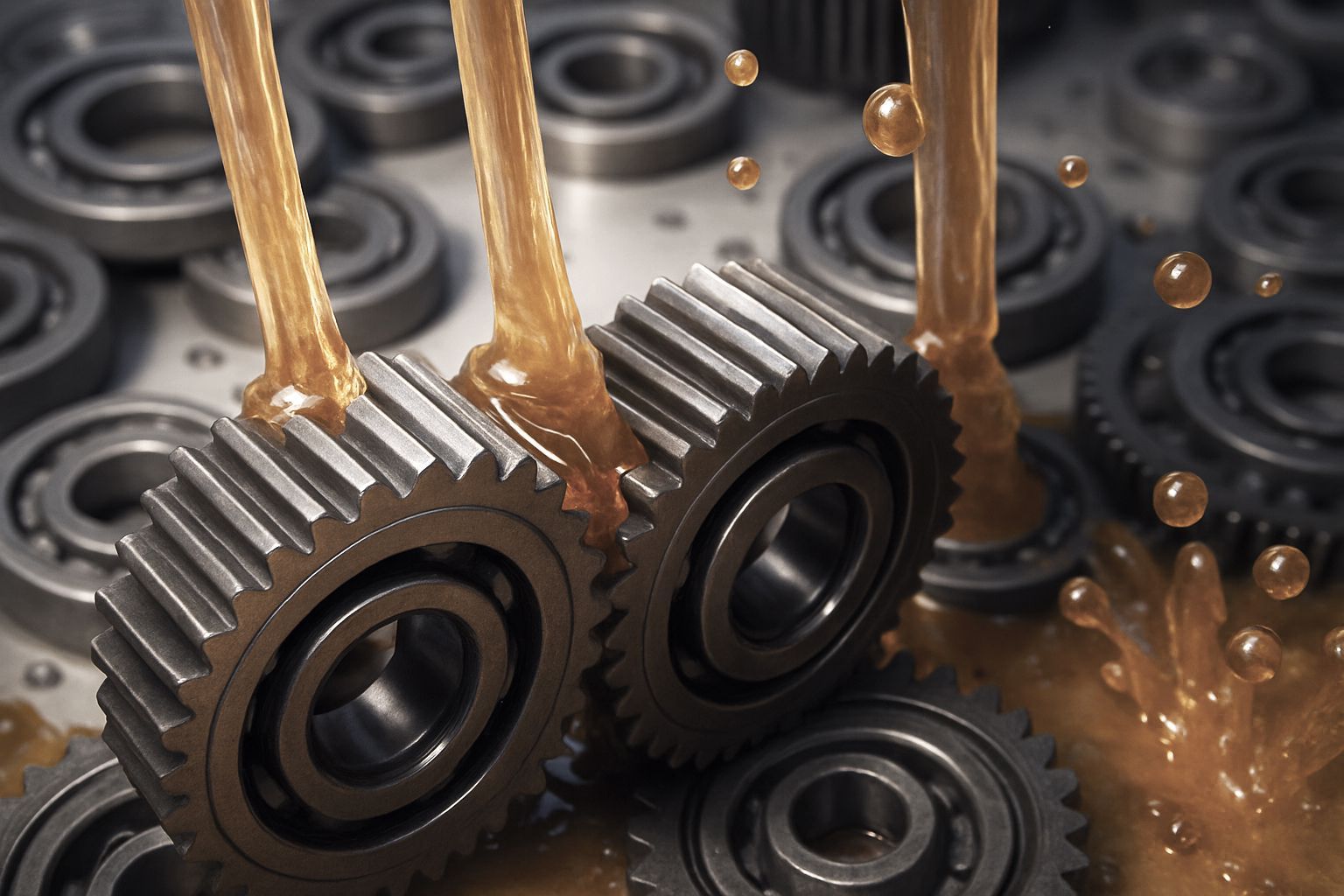 Ingranaggi lubrificati con olio su una superficie metallica, circondati da altri cuscinetti a sfere.
