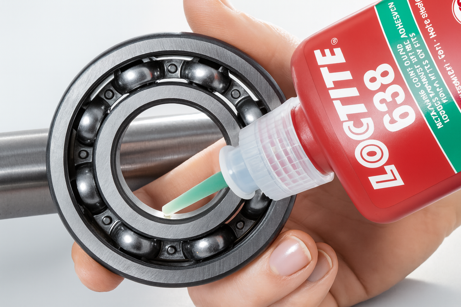 Applicazione manuale di Loctite 638 su un cuscinetto a sfere su un'asta metallica.