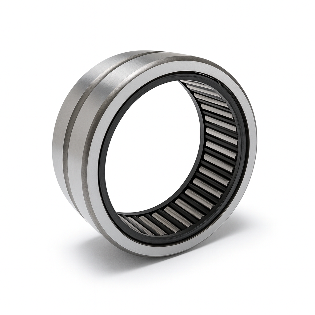 Cuscinetto a rulli ad aghi, costruzione metallica con rulli interni e pista esterna.