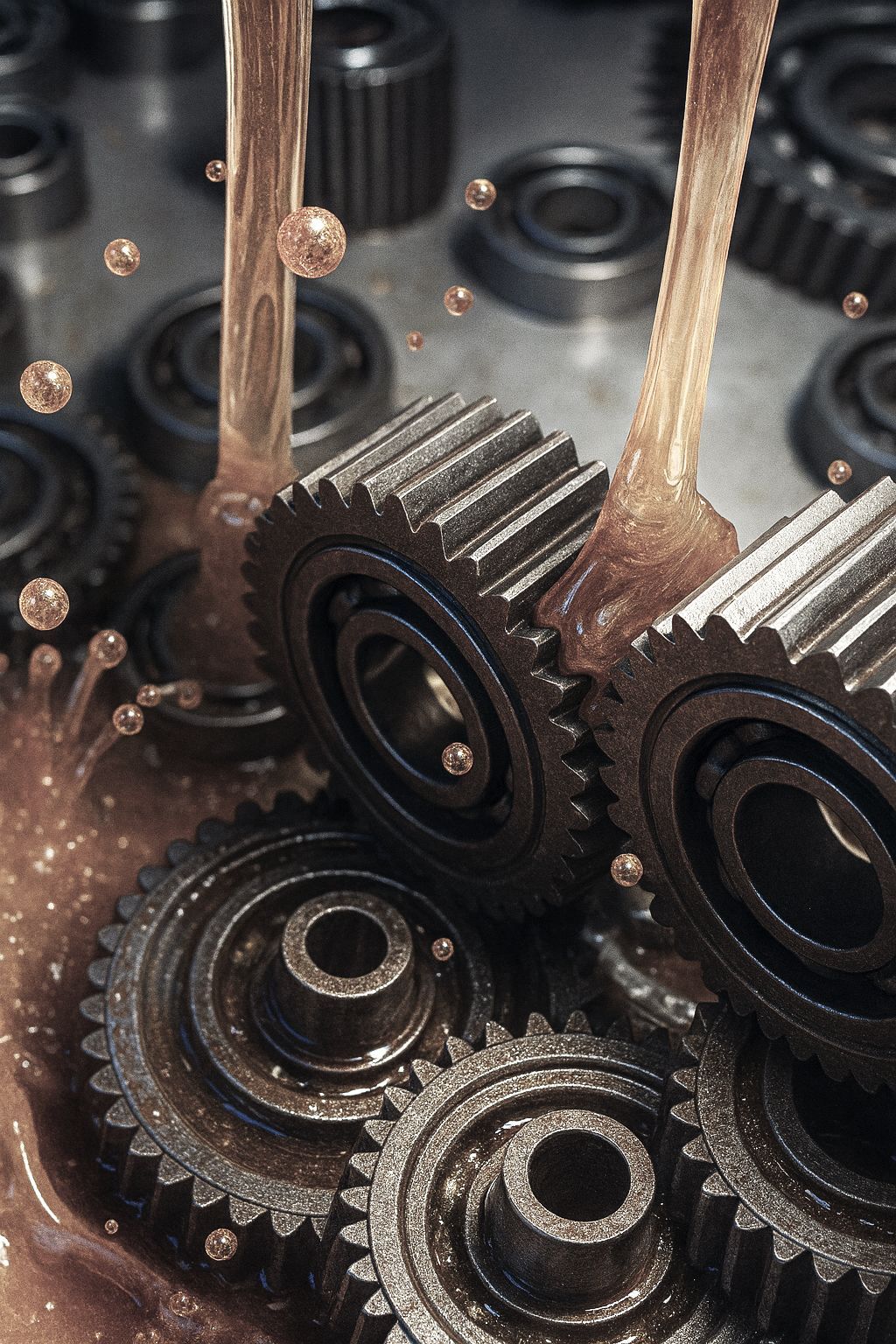Ingranaggi e cuscinetti ricoperti di olio che scorre, primo piano.