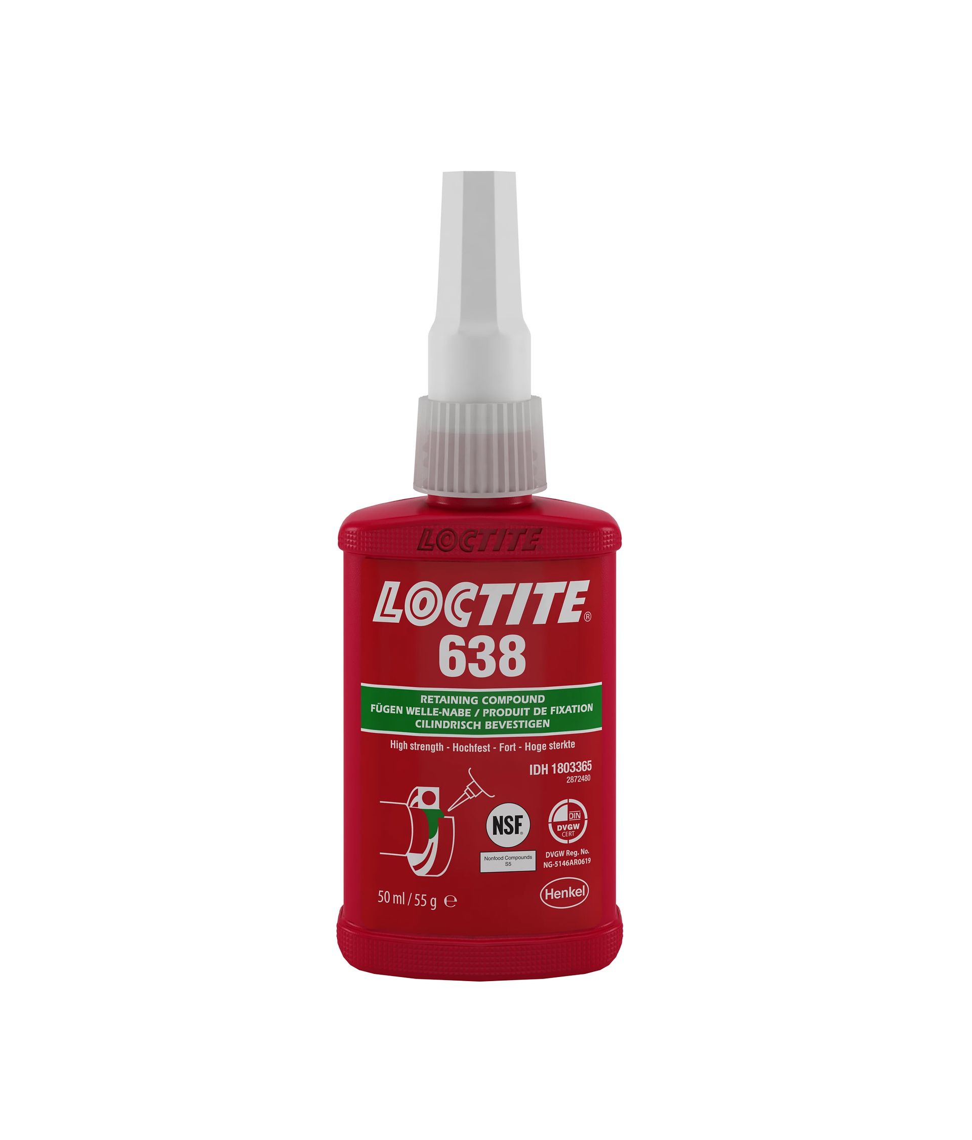 Flacone rosso di Loctite 638 con puntale applicatore bianco, etichetta del prodotto visibile.