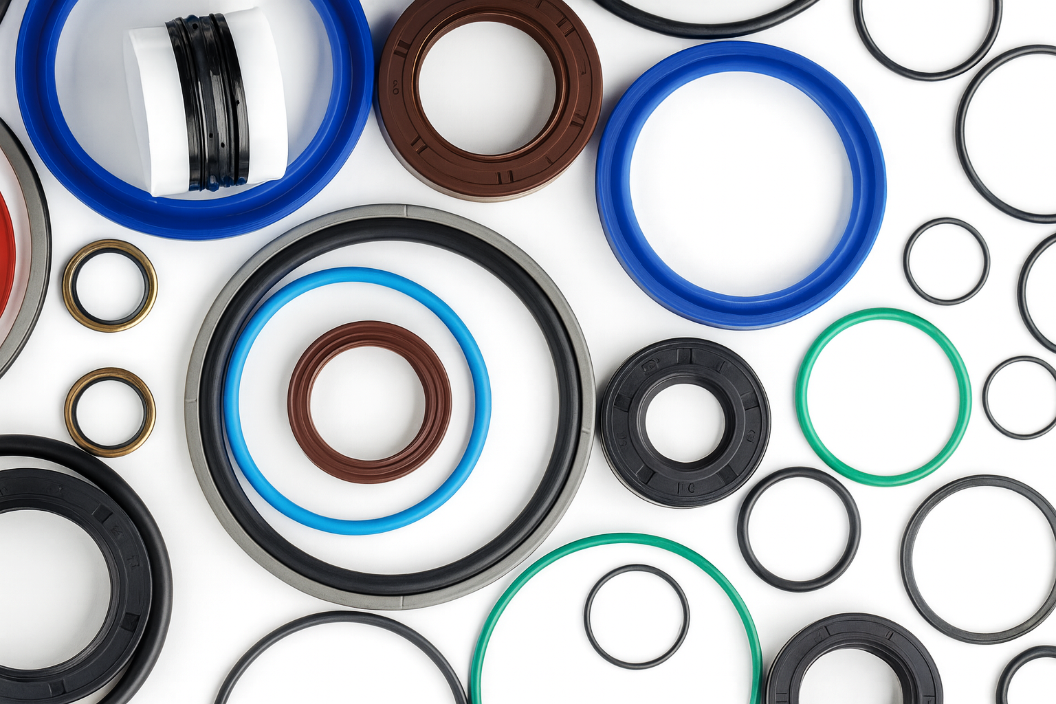 Guarnizioni e guarnizioni circolari in gomma di vari colori su sfondo bianco.