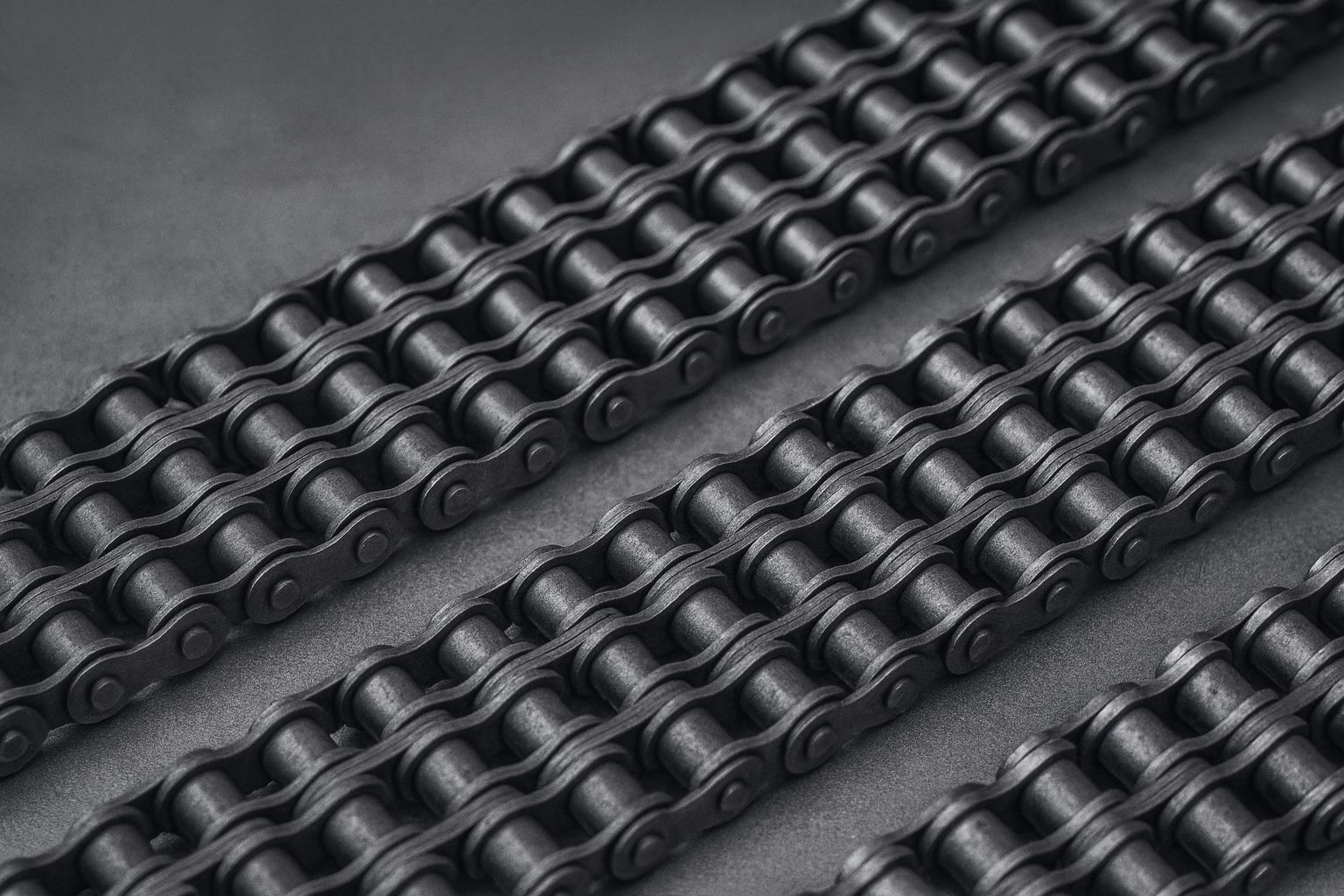 Primo piano di tre catene a rulli industriali parallele, grigio scuro su sfondo grigio scuro.