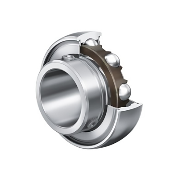 Vista in sezione di un cuscinetto a sfere sferico in argento con sfere in acciaio e un componente marrone.